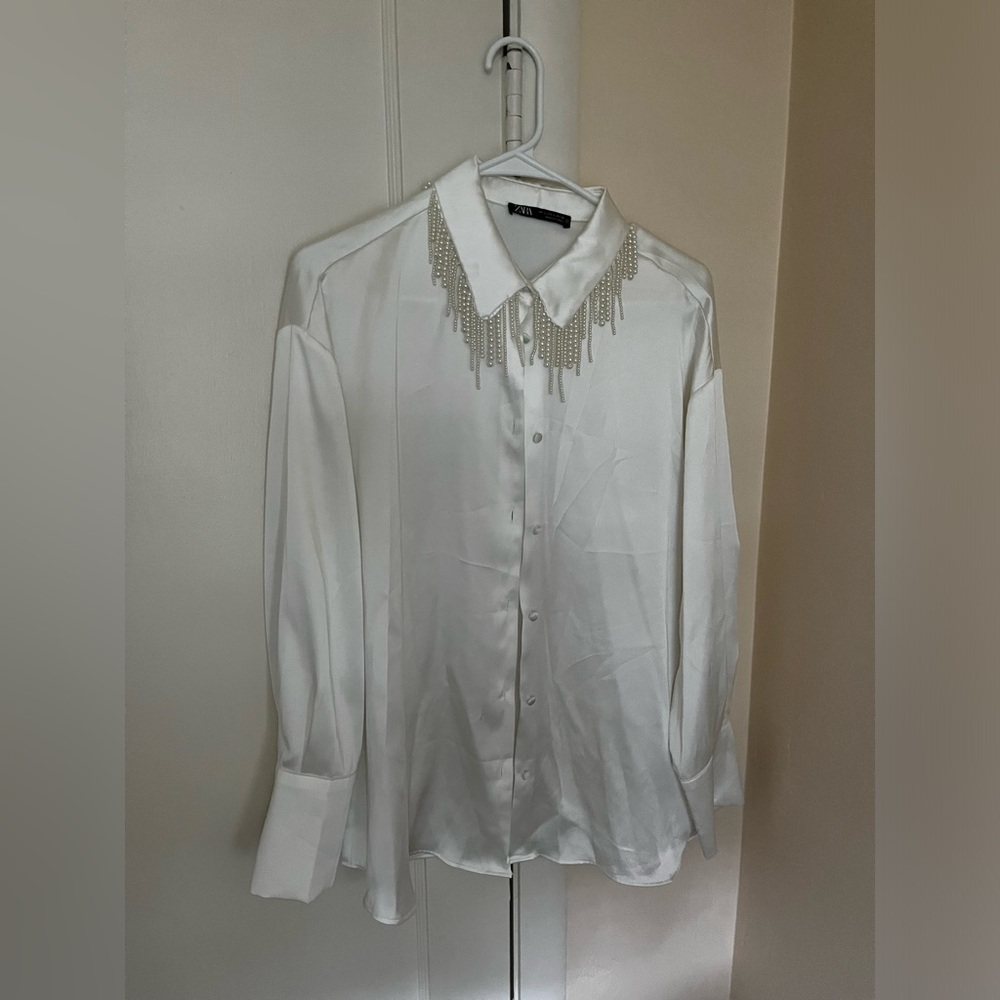 Silky Pearl Beaded Neck Button-Up Blouse Zara